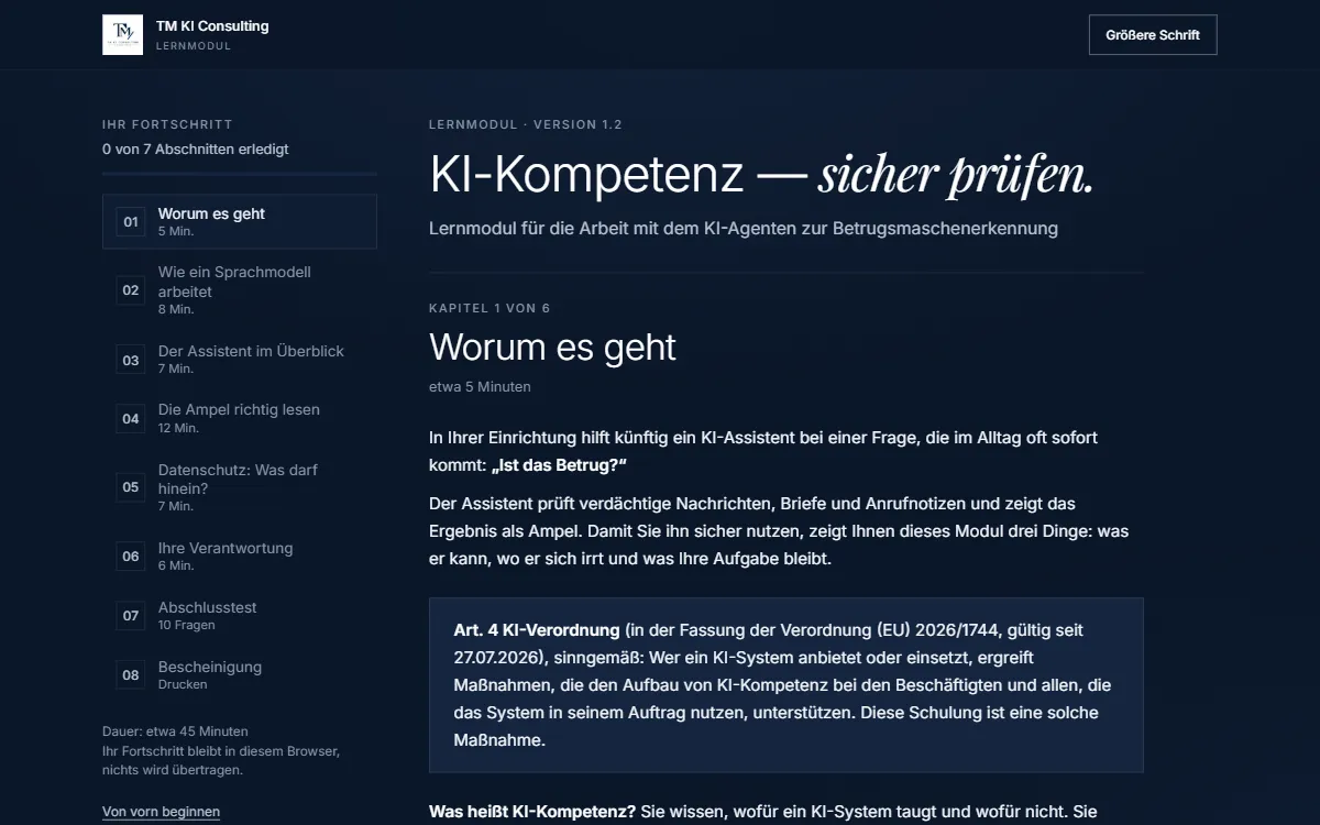 Lernmodul zur KI-Kompetenz mit Kapitelübersicht und Fortschritt