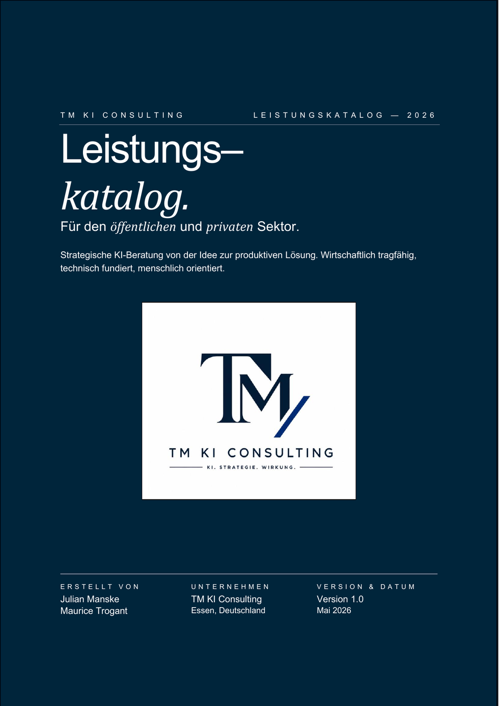 Titelseite Leistungskatalog TM KI Consulting 2026